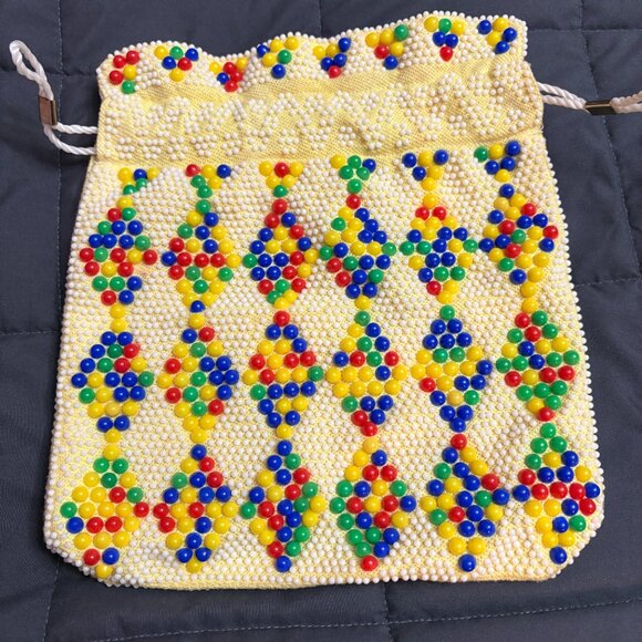 Vintage Reversible 70’s Beaded Drawstring Purse / Sack Boho Hippy Festival Pouch - Picture 3 of 13